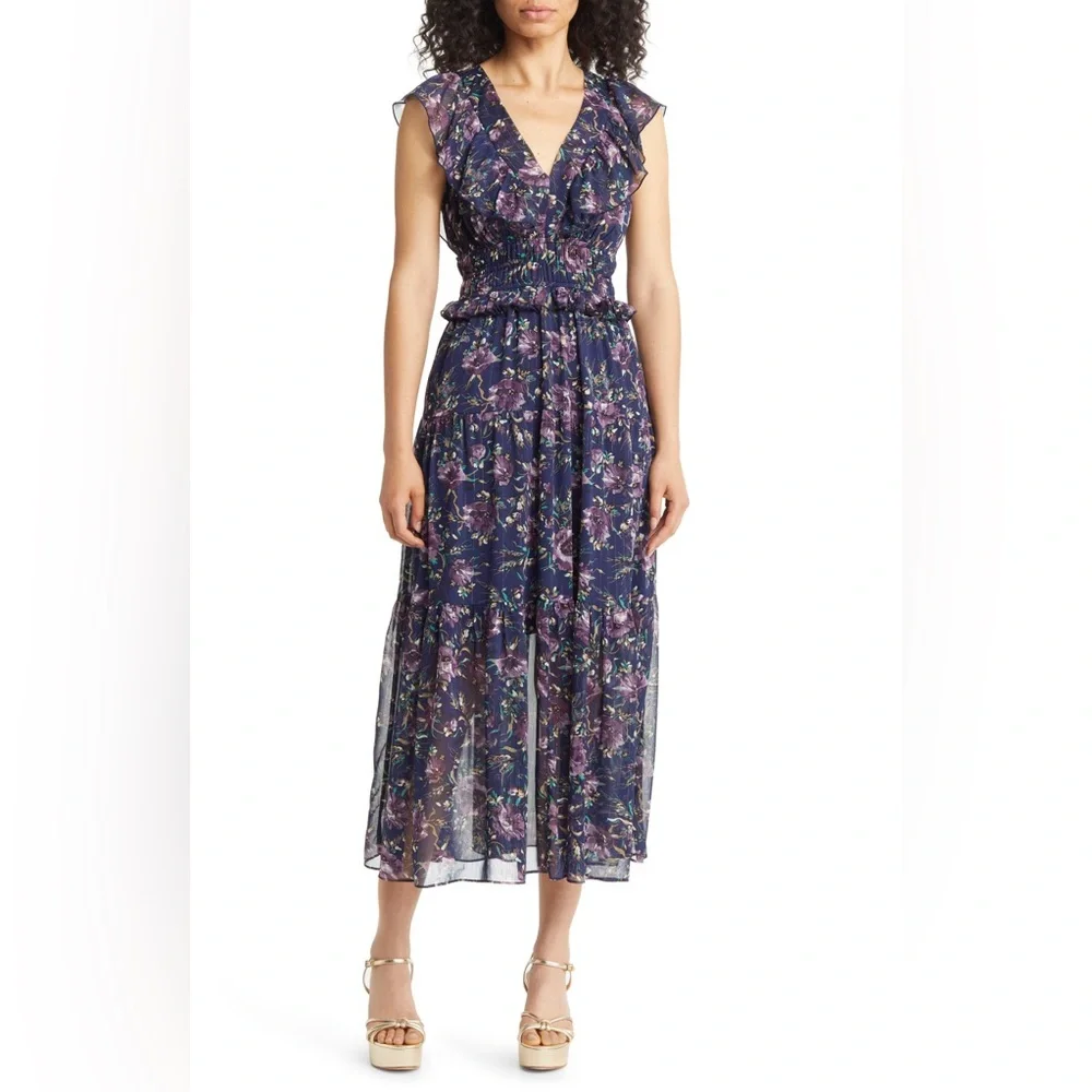 Women’s Melloday Metallic Floral Chiffon Midi Dress- XS